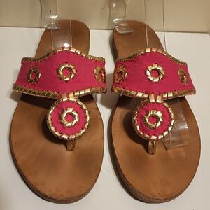 Jack Rogers "Navajo" Pink Leather w/Gold Whipstich Thong Sandals Sz.6. Ret $108